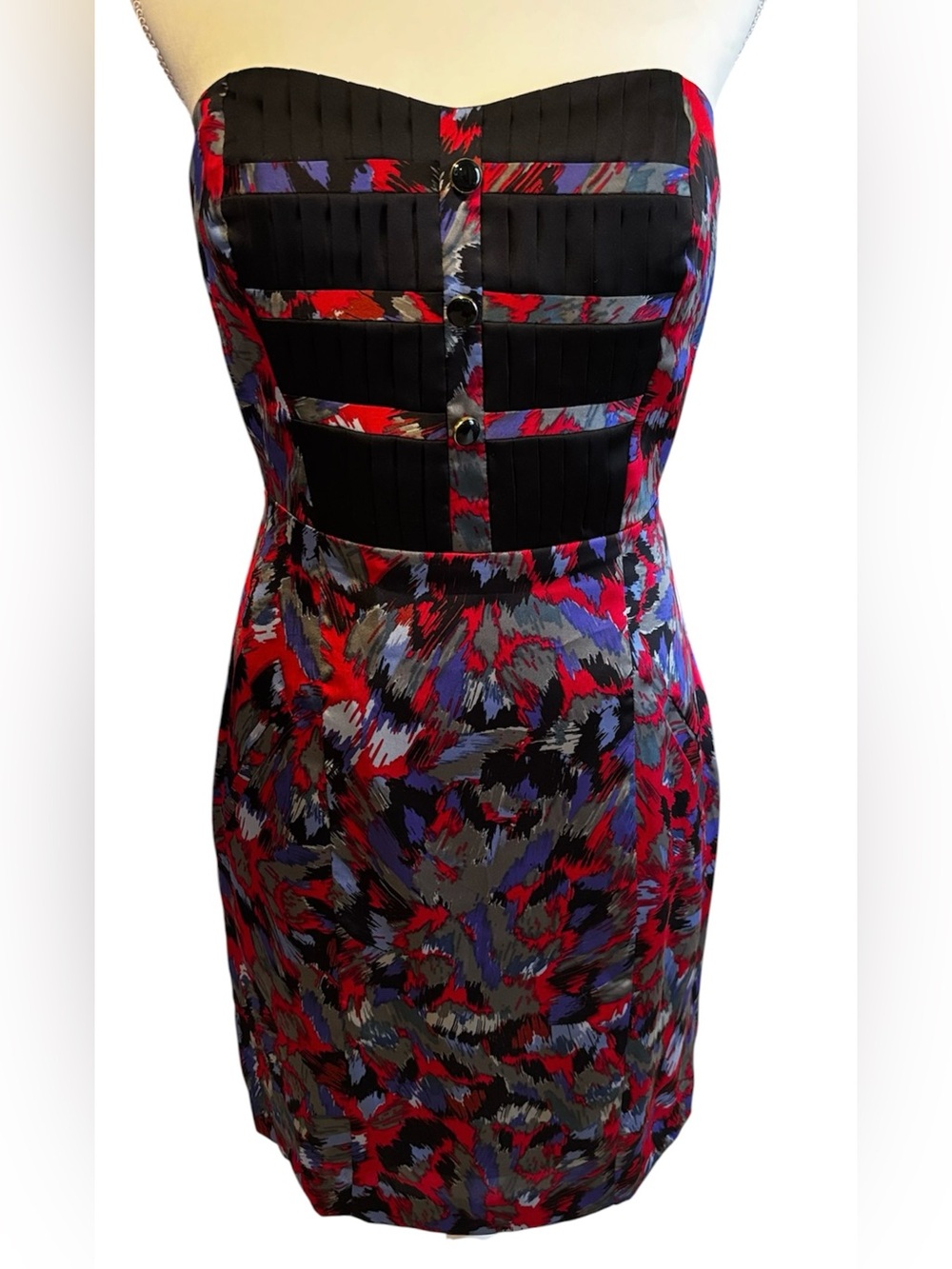 BCBGeneration Strapless Abstract Print Dress in Red, Black & Purple